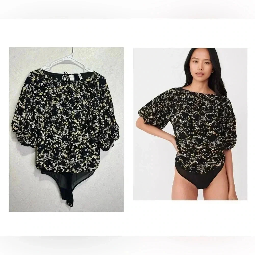 FREE PEOPLE Dessa Bodysuit in Black Ditsy Floral Combo Puff Sleeve Size XS